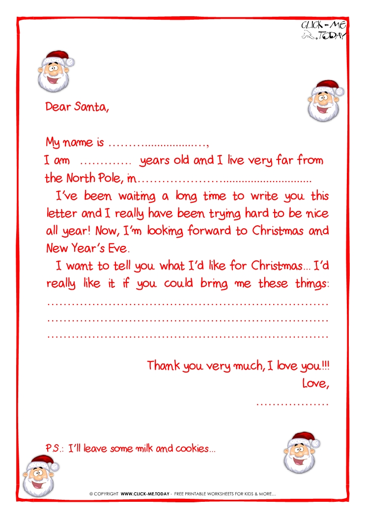 Printable sample letter to Santa Claus - with PS -Santa face-23