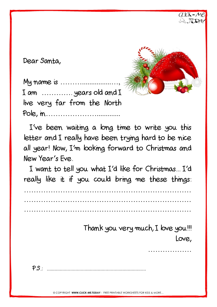 Letter to Santa Claus Black & White free template - PS -Santa hat-31
