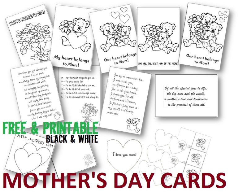 Mother's Day free printable cards, black and white