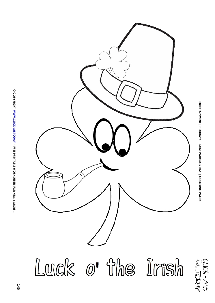 St. Patrick's Day Coloring page: 145 Shamrock face hat-pipe Luck Irish