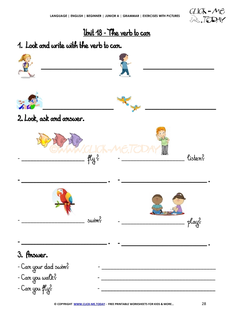 Grammar Exercises With Pictures - Verb to can 2