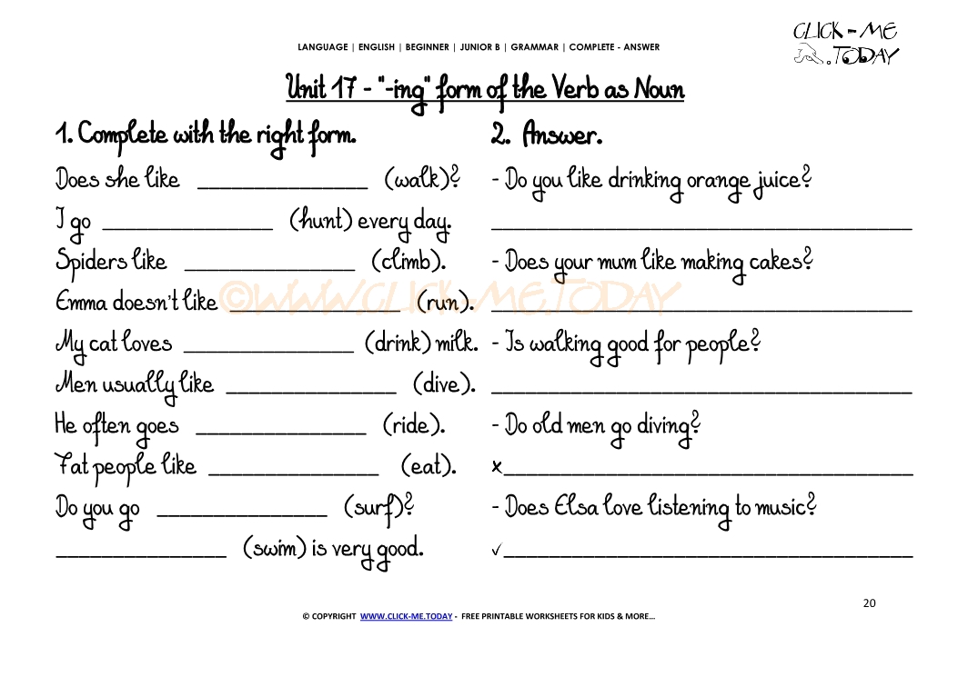 FREE PRINTABLE GRAMMAR WORKSHEET C-A -ing form of the Verb as Noun U17