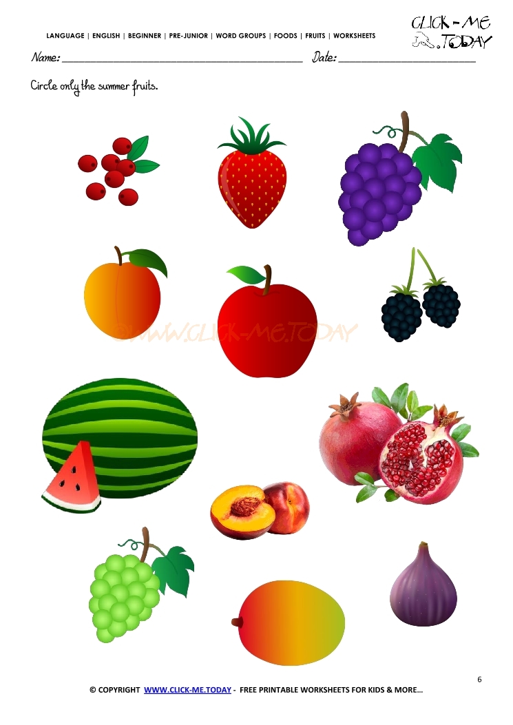 Fruits Worksheet 6 - Circle only the summer fruits