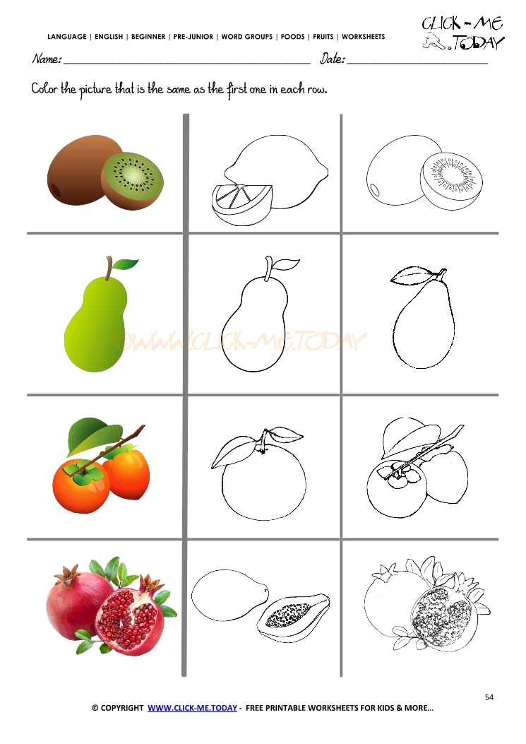 Fruits Worksheet 54 - Color the same fruit worksheet
