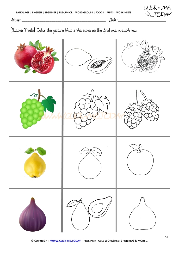 Fruits Worksheet 51 - Color the same autumn fruit