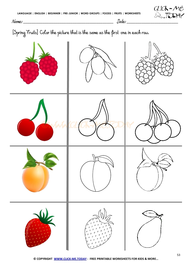 Fruits Worksheet 53 - Color the same spring fruit