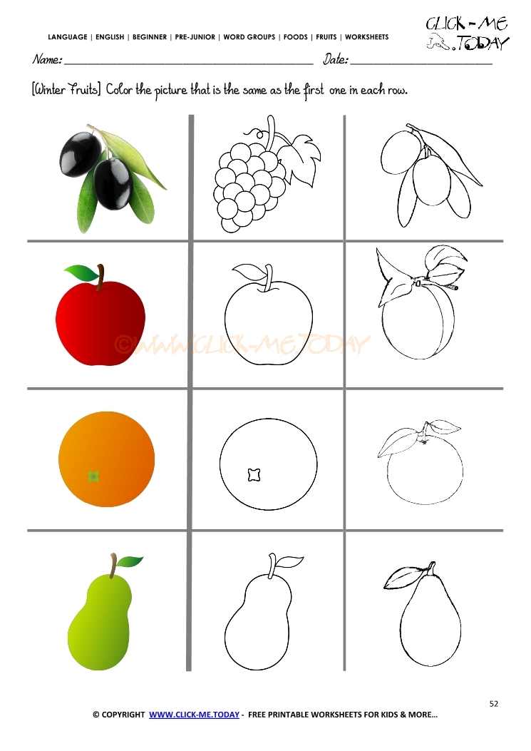 Fruits Worksheet 52 - Color the same winter fruit