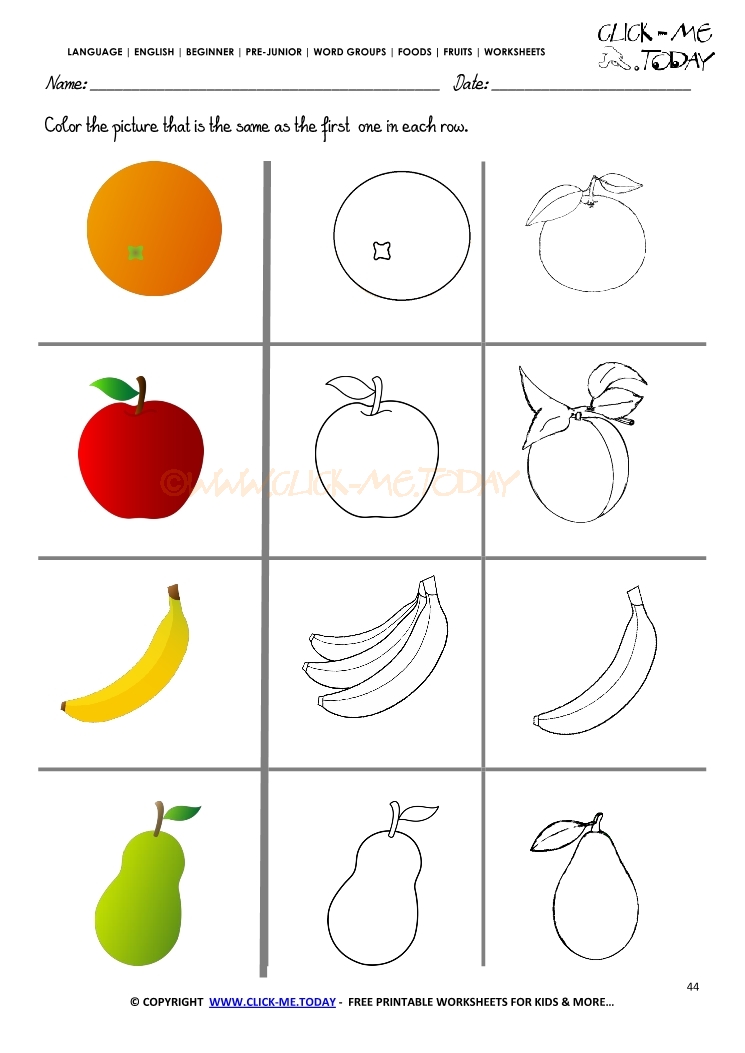 Fruits Worksheet 44 - Color the same Fruit Worksheet