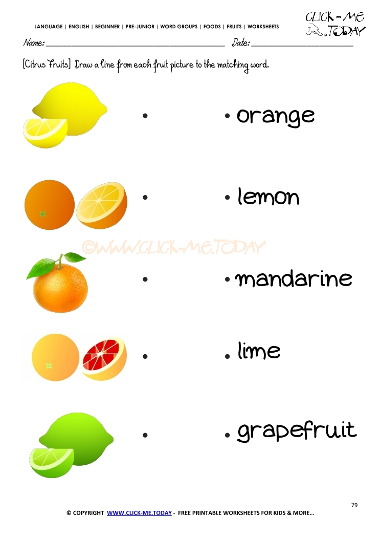 Fruits Worksheet 79 - Matching citrus fruits names worksheet