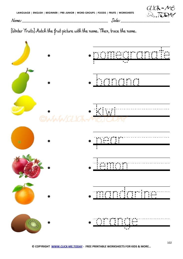 Fruits Worksheet 102 - Trace winter fruits worksheet