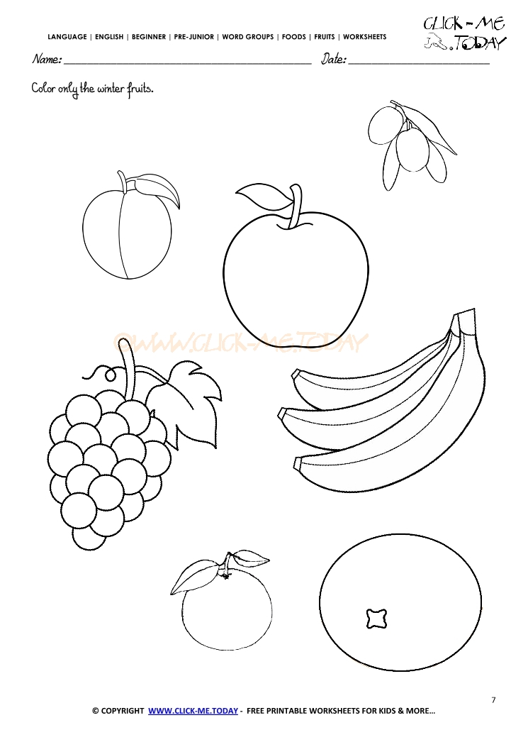 Fruits Worksheet 7 - Color only the winter fruits