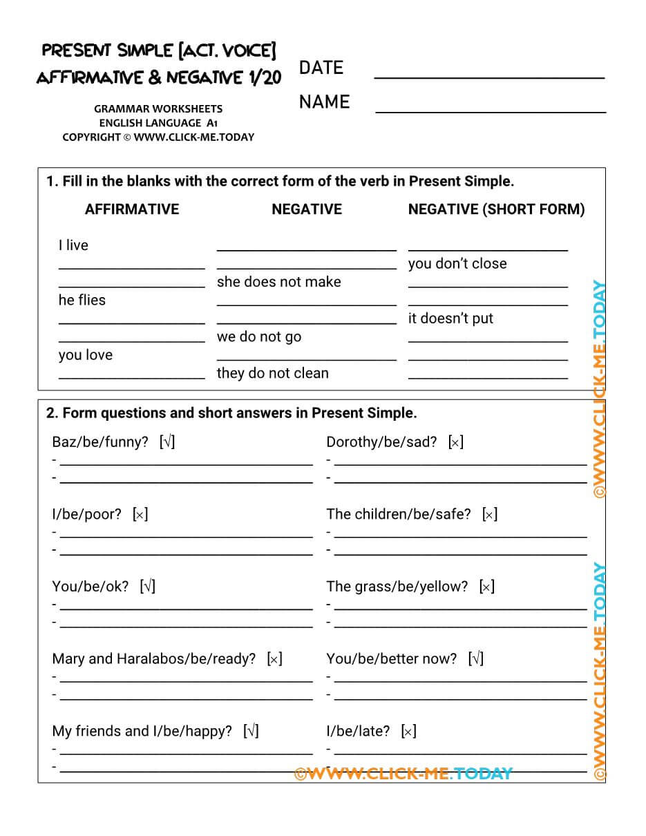 A1 PRESENT SIMPLE WORKSHEETS