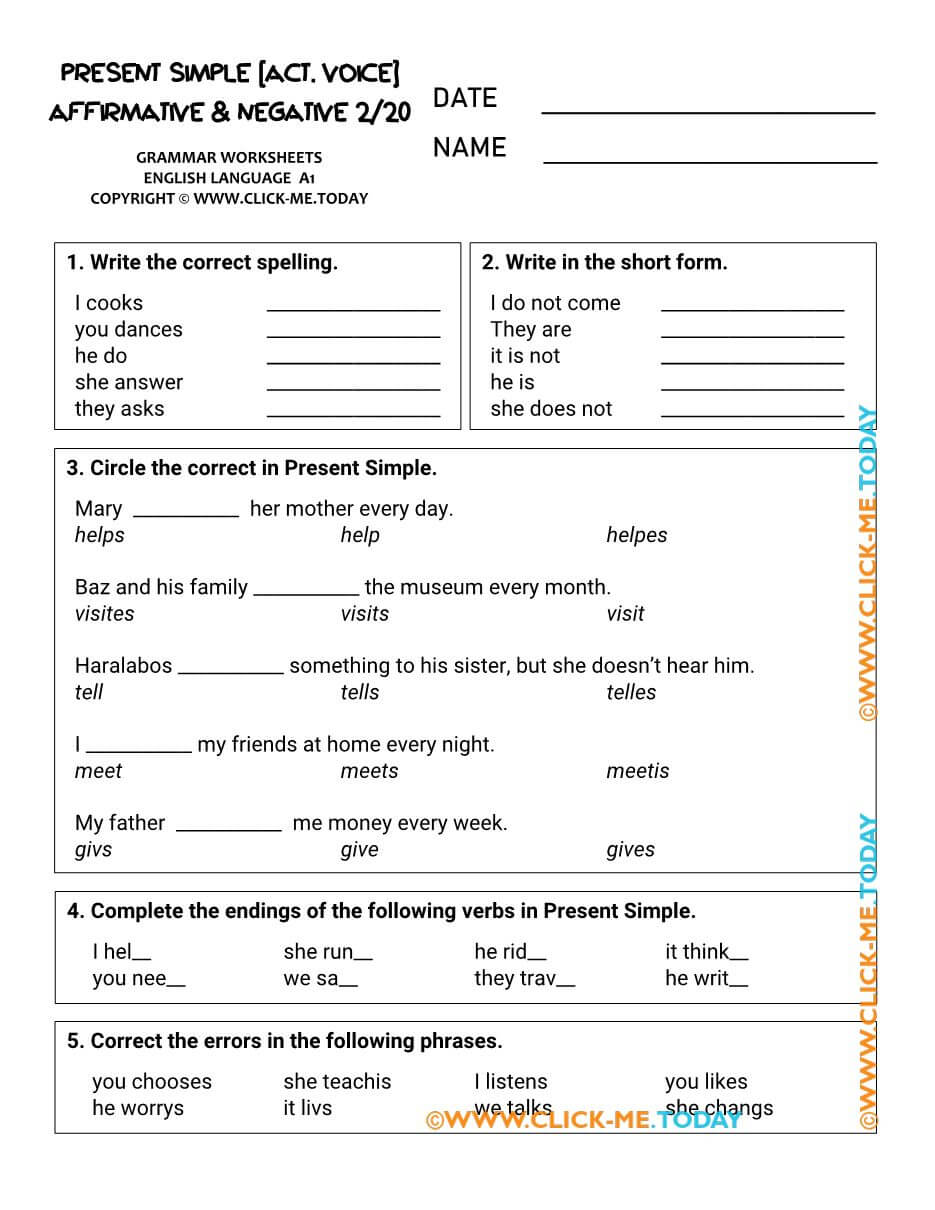 A1 PRESENT SIMPLE PDF WORKSHEETS VERBS WITH ANSWERS