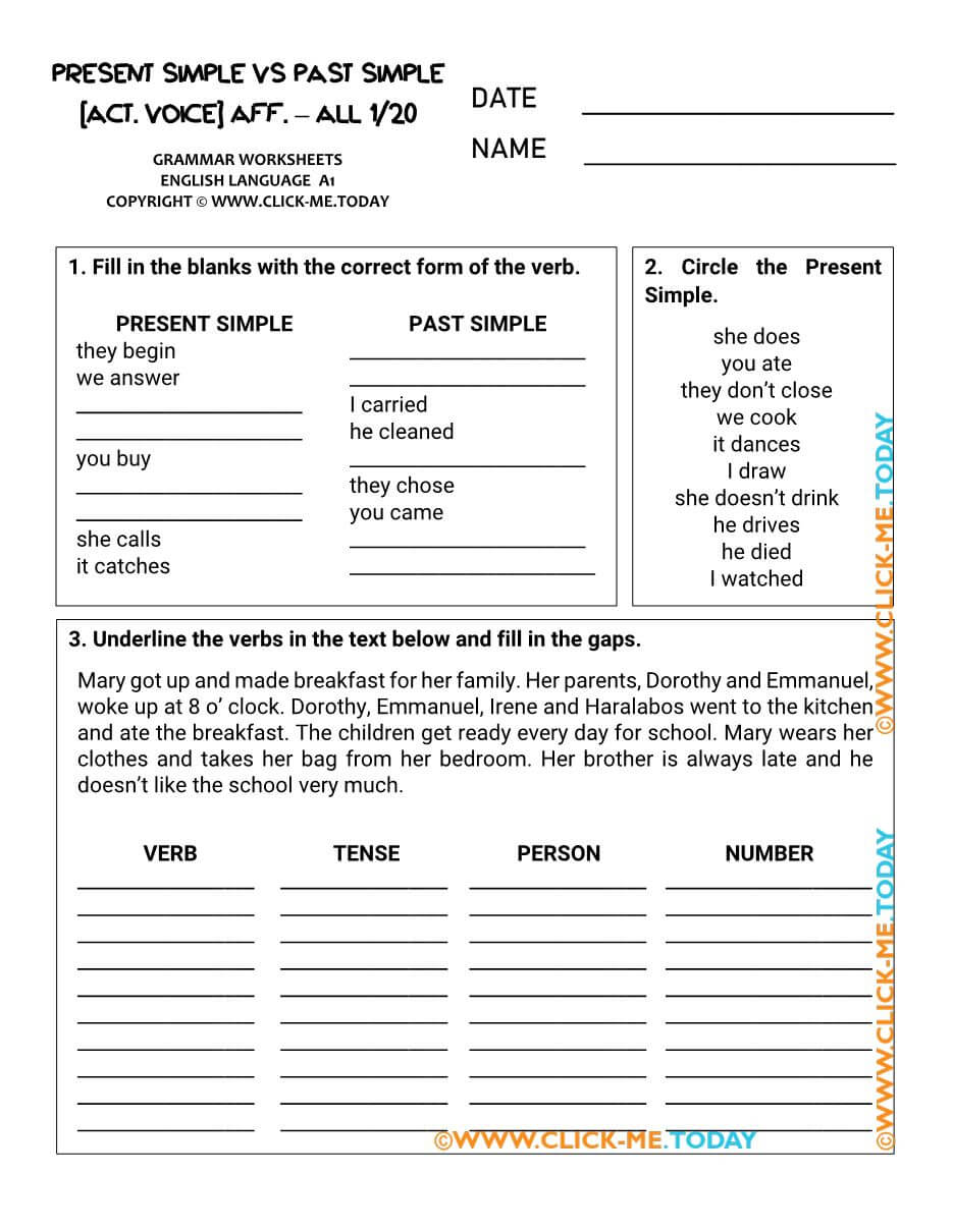 A1 PRESENT SIMPLE VS PAST SIMPLE ALL VERBS WORKSHEETS