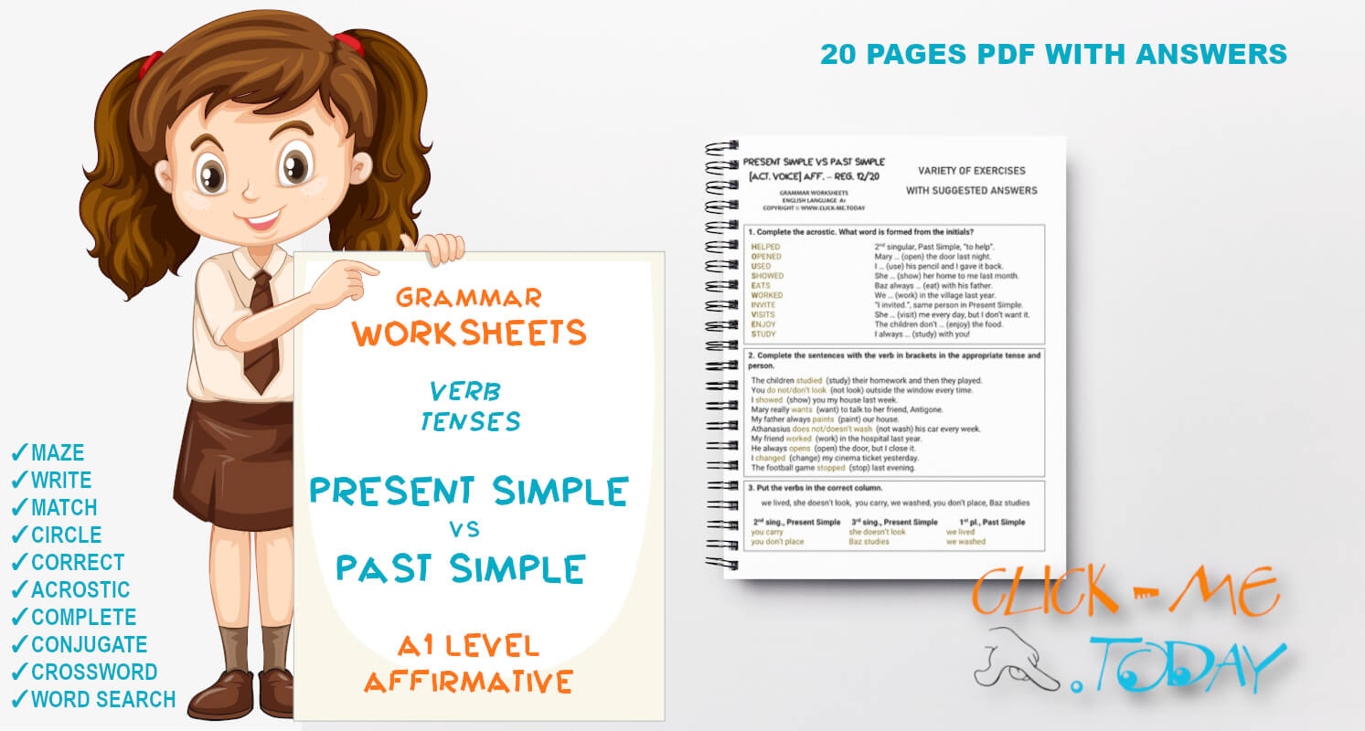 A1 - PRESENT SIMPLE VS PAST SIMPLE (REGULAR VERBS) WORKSHEETS PDF