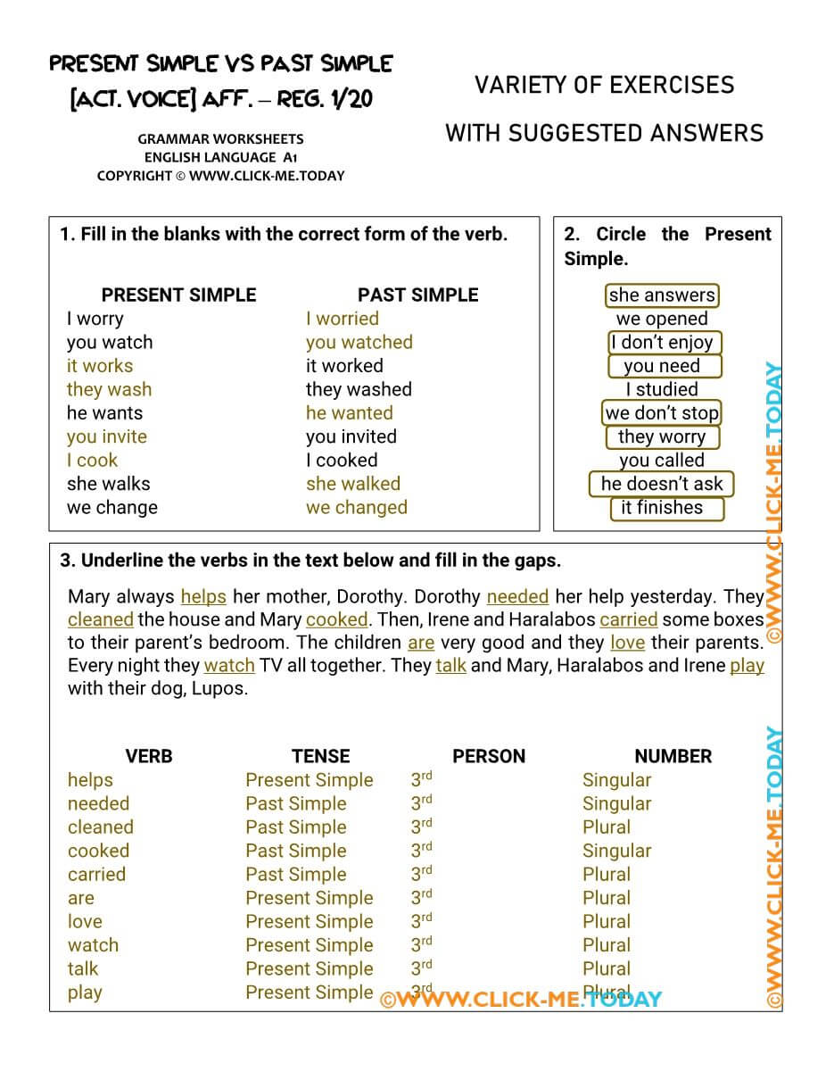 PRESENT SIMPLE VS PAST SIMPLE (REGULAR VERBS) SIMPLE WORKSHEETS WITH ANSWERS