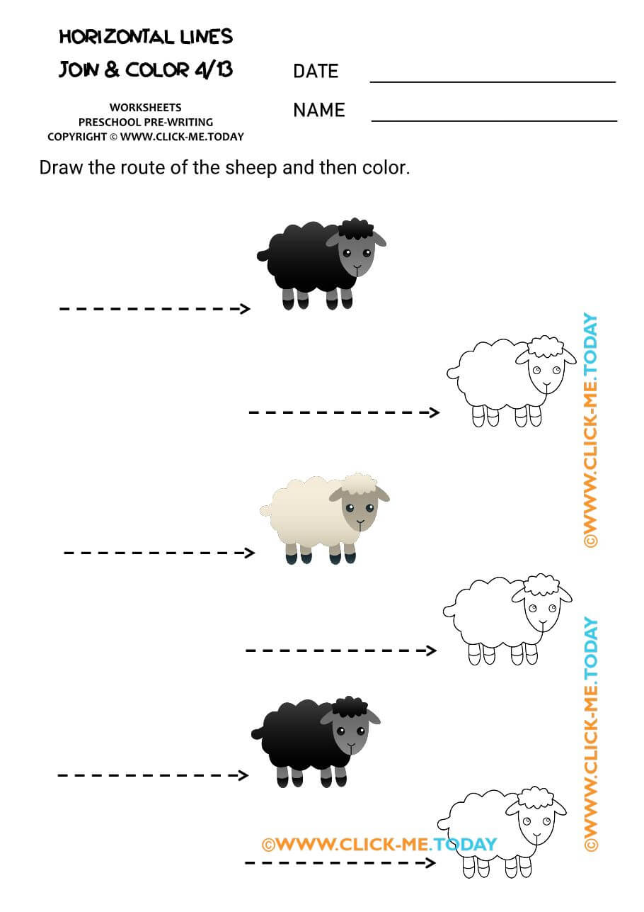 printable TRACING HORIZONTAL LINES worksheets pdf 4 sheep