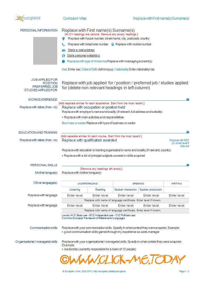 EUROPASS CV TEMPLATE - FREE EUROPASS CV FORM WORD DOC PDF