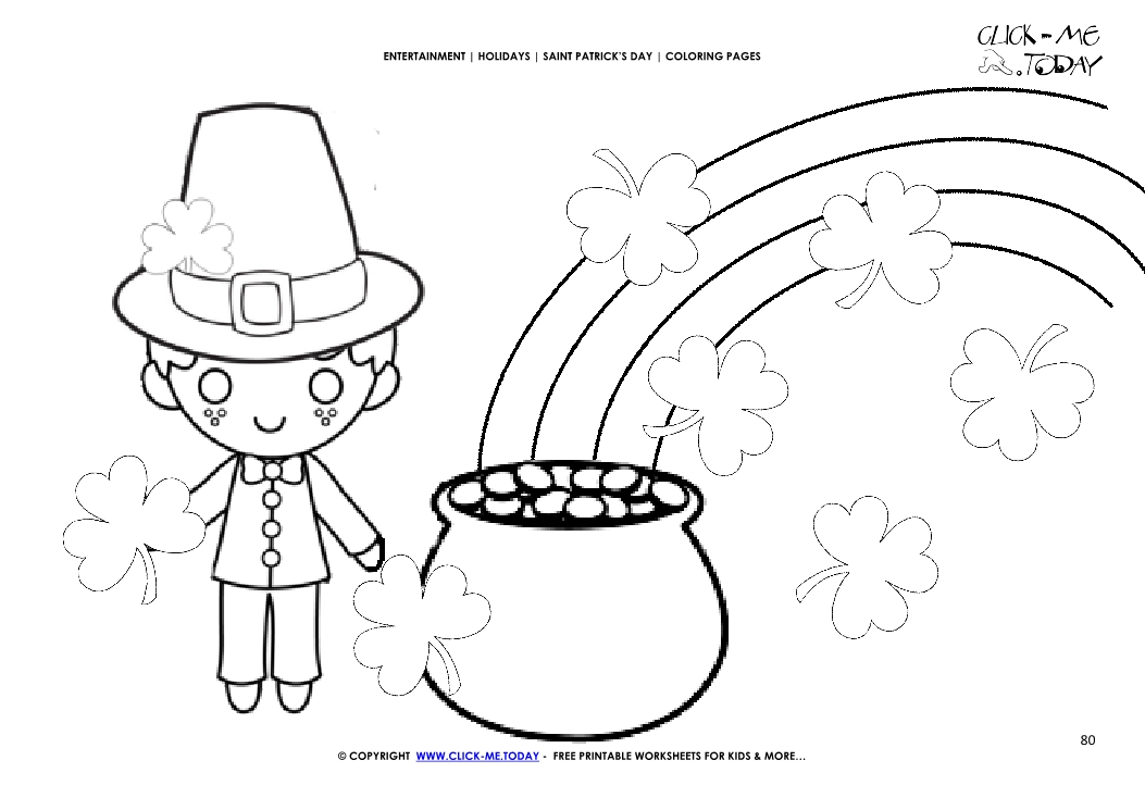 St. Patrick's Day Coloring page: 80 Leprechaun, rainbow & gold