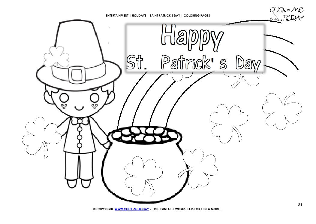 St. Patrick's Day Coloring page: 81 Leprechaun - shamrocks - Happy