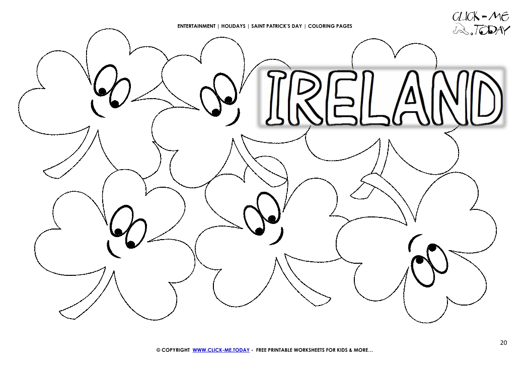 St. Patrick's Day Coloring page: 20 Shamrocks Faces - Ireland