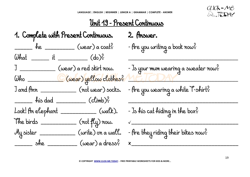 GRAMMAR WORKSHEETS COMPLETE-ANSWER - Present Continuous U19