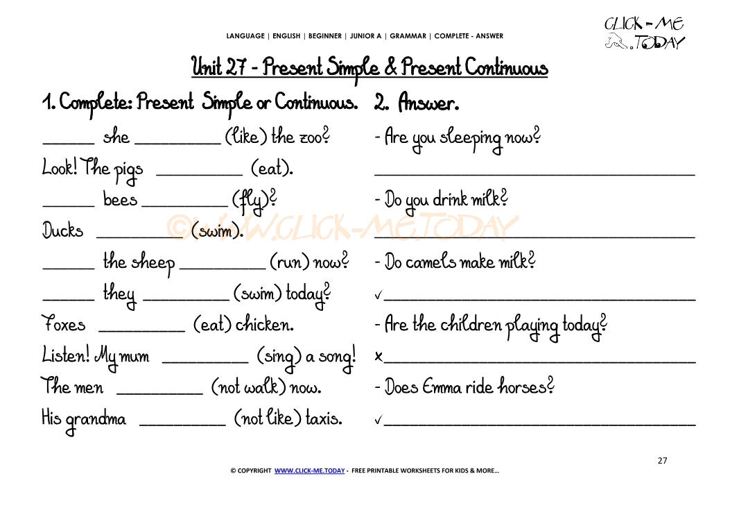 GRAMMAR WORKSHEETS COMPLETE-ANSWER  - Present Simple/Continuous U27