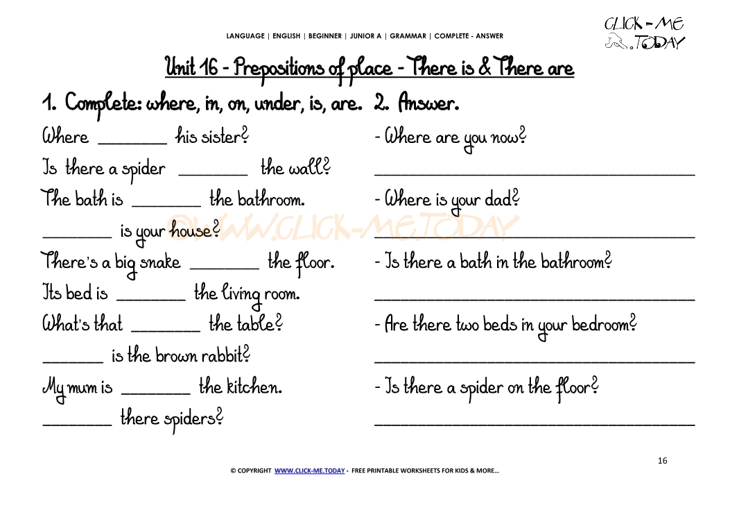 Grammar Worksheets Complete Answer There Is There Are U16