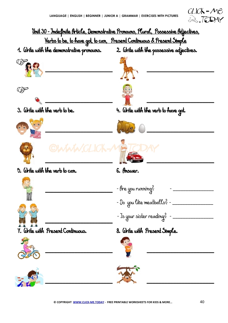 Grammar Exercises Pictures - Revision Junior A 3