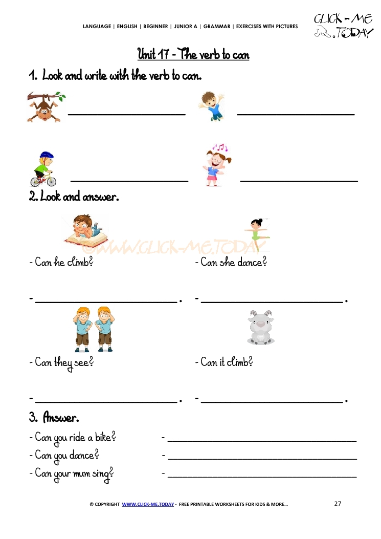 Grammar Exercises With Pictures - Verb to can 1