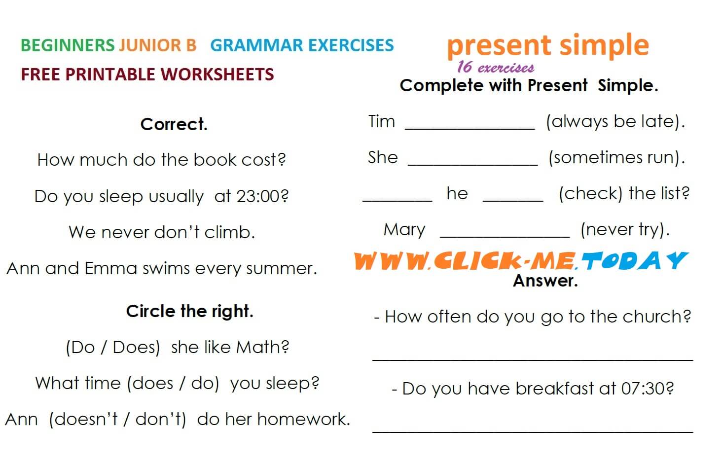 Junior B - Present Simple exercises PDF