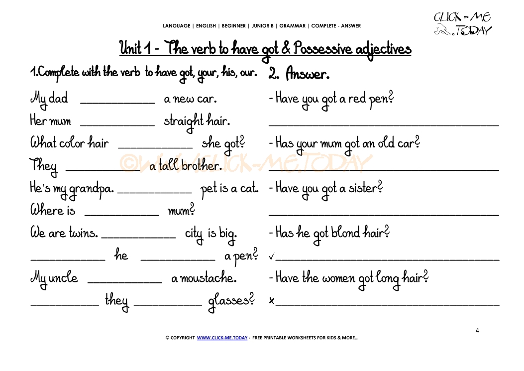 FREE PRINTABLE GRAMMAR WORKSHEET C-A - Possessive adjectives U1