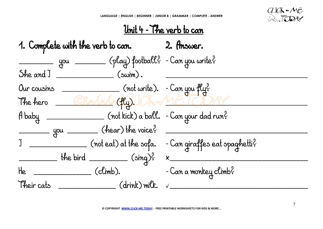 Free Printable Grammar Worksheet C A The Verb To Can U4