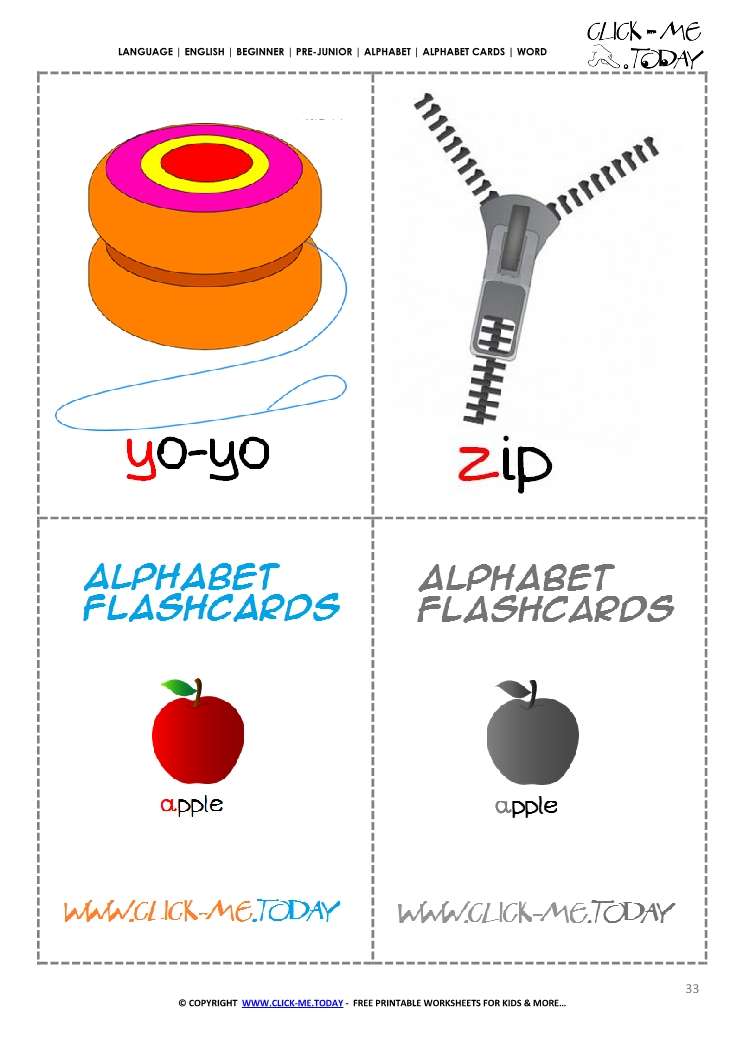 Printable alphabet flashcards - Picture & Word YZ