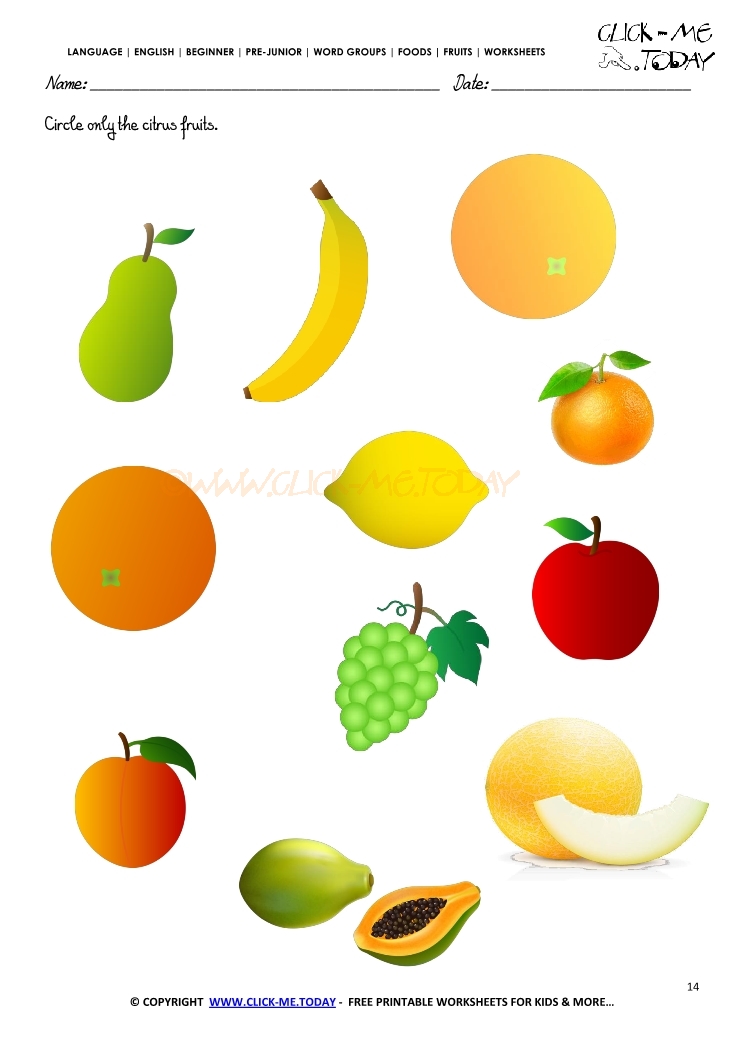 Fruits Worksheet 14 - Circle only the citrus fruits