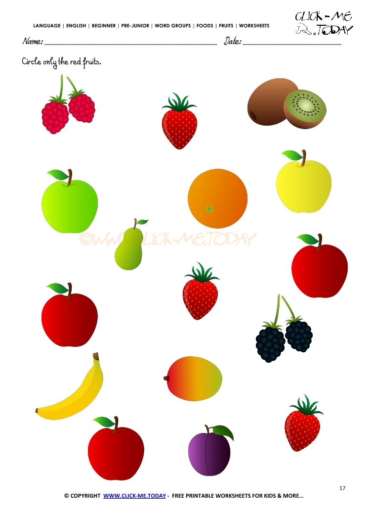 Fruits Worksheet 17 - Circle only the red fruits