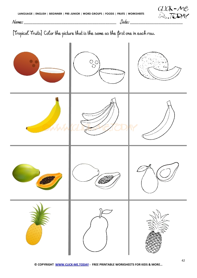 Fruits Worksheet 42 - Color the same Tropical Fruit 
