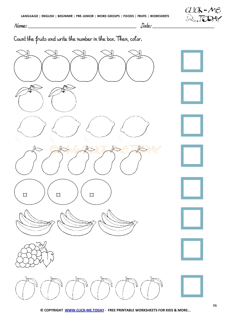 Fruits Worksheet 96 - Counting & Coloring fruits worksheets