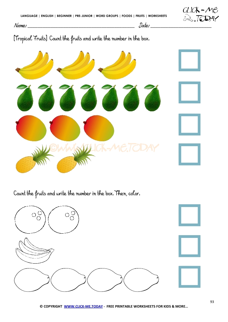 Fruits Worksheet 93 - Counting tropical fruits worksheet