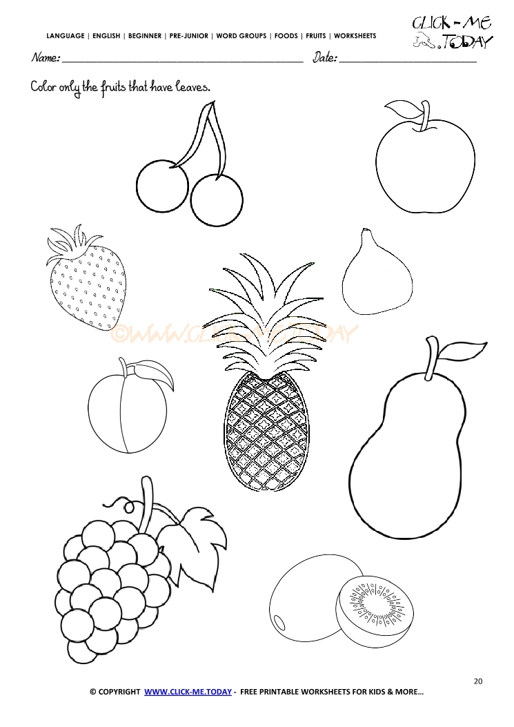 Fruits Worksheet 20 - Color only the fruits that have leaves
