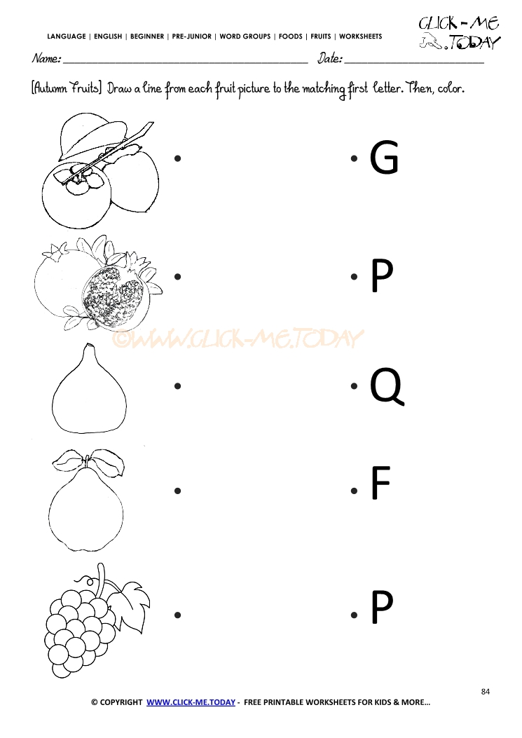 Fruits Worksheet 84 - Match the autumn fruit with the letter
