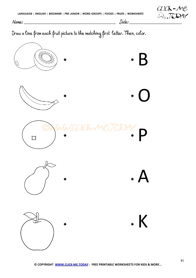 Fruits Worksheet 81 - Match the fruit with the letter