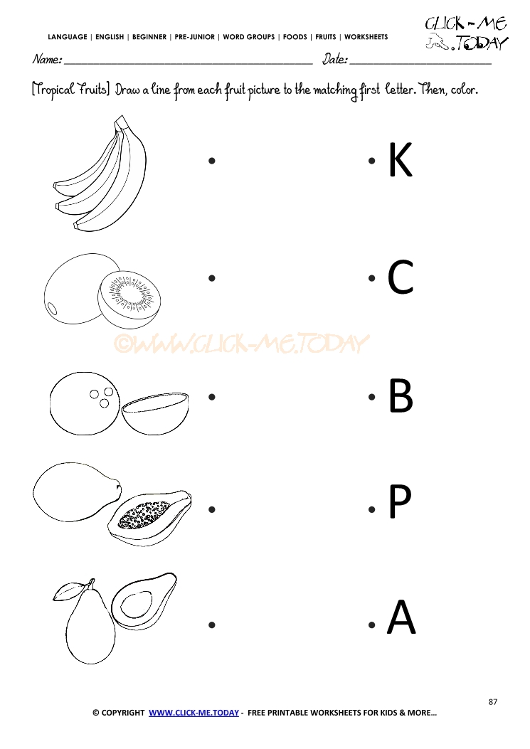 Fruits Worksheet 87 - Match the tropical fruit with the letter