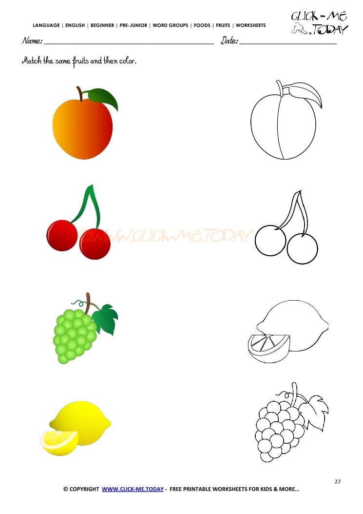 fruits worksheet 27 match the same fruits and then color