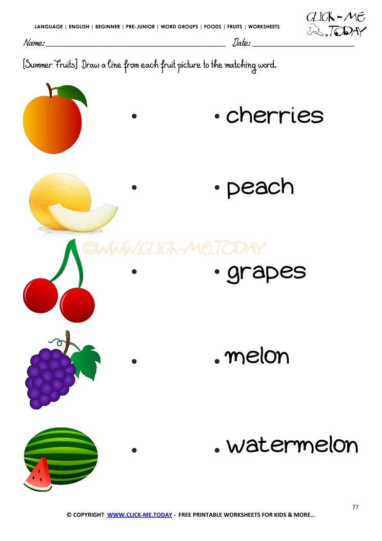 Fruits Worksheet 77 - Matching summer fruits names worksheet