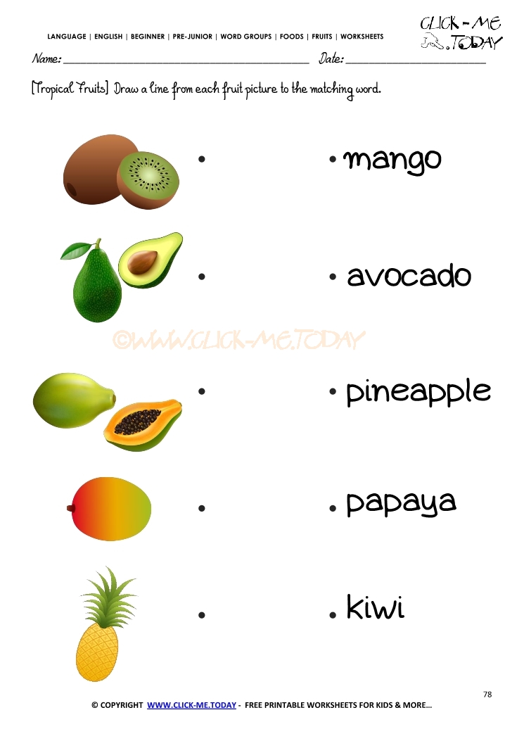 Fruits Worksheet 78 - Matching tropical fruits names worksheet
