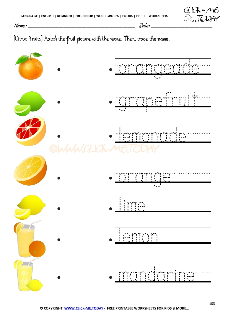 Fruits Worksheet 103 - Trace citrus fruits worksheet