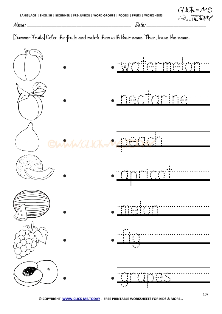 Fruits Worksheet 107 - Trace summer fruits worksheet