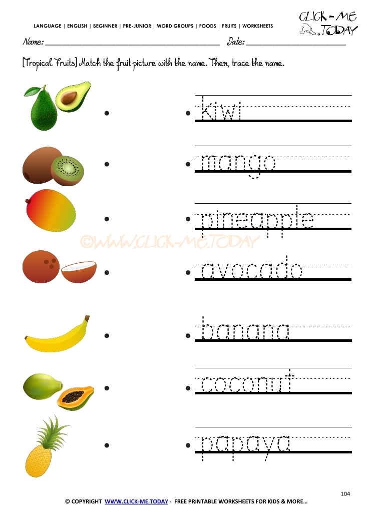 Fruits Worksheet 104 - Trace tropical fruits worksheet