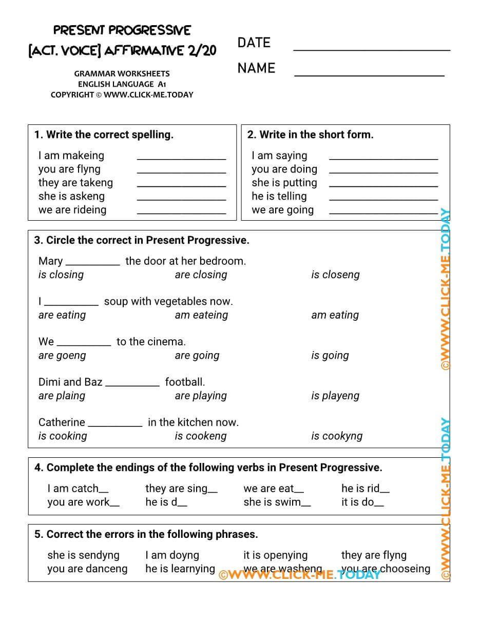 A1 PRESENT PROGRESSIVE PDF WORKSHEETS VERBS WITH ANSWERS
